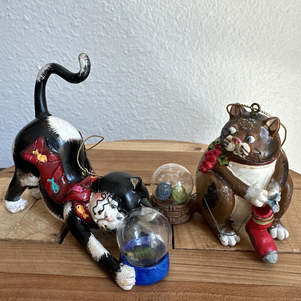 Vintage Cat Christmas Tree Ornaments Lot of 2 Resin Santa Kitten Holiday Decor